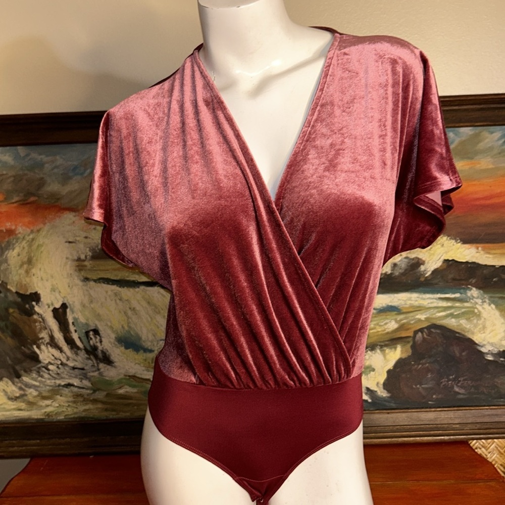 NSR Stretchy Velvet‎ So Smooth Mauve Dusty Rose Pink Thong Bodysuit Sz S NWT